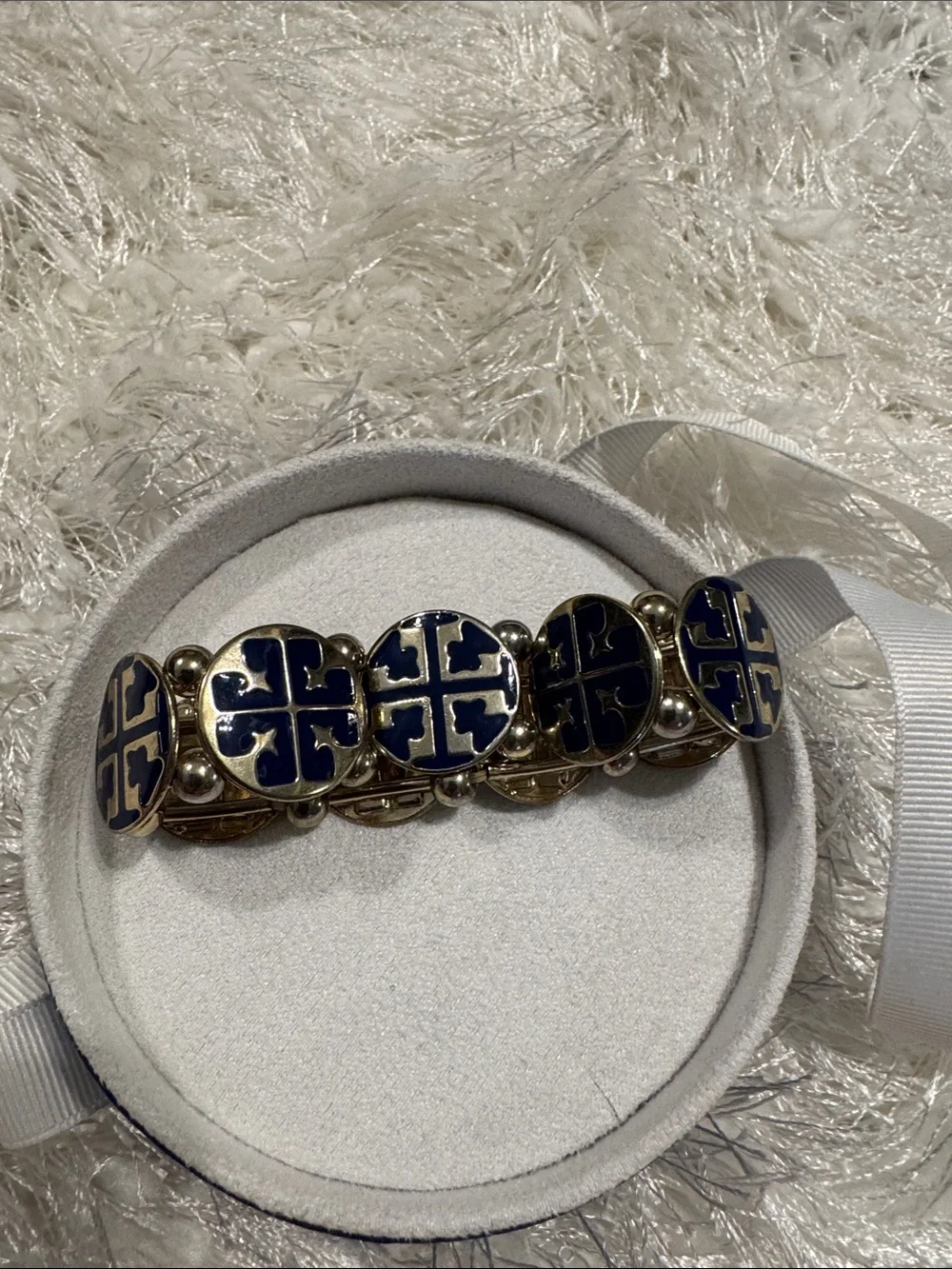 Source Unknown Navy and Gold Enamel Round Link Hair Barrette - Women Accessories